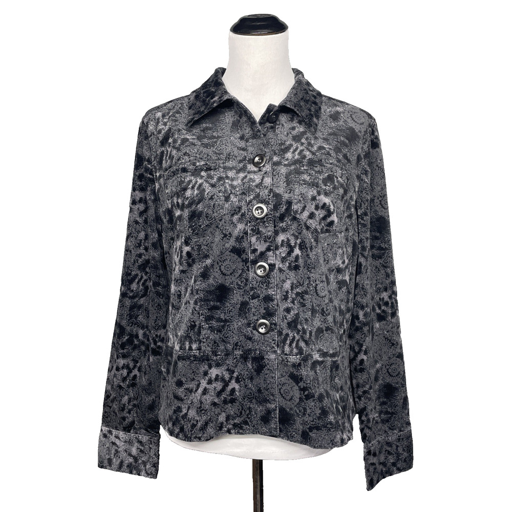 NWT Charter Club Womens L Black/Gray Camo Medallion Corduroy Long Slv Jacket